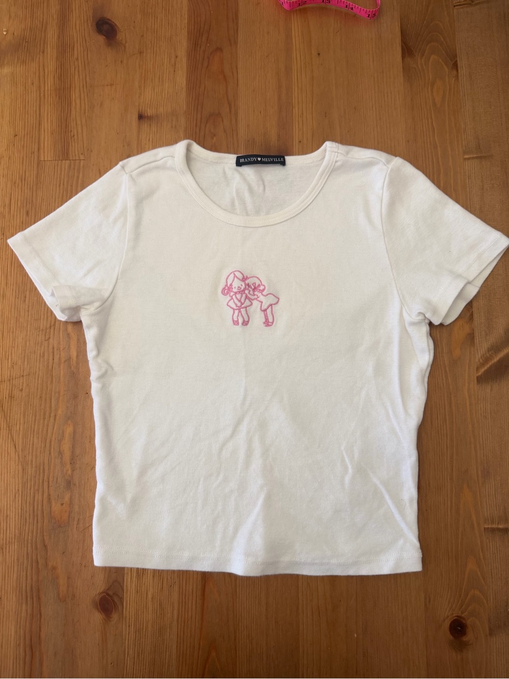 Brandy Melville White Short Sleeve Tee with Pink Embroidered Graphic